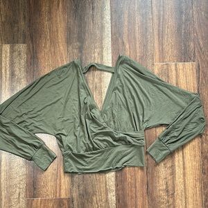 Express Crop Long Sleeve Faux Wrap Double V-Neck Top Green